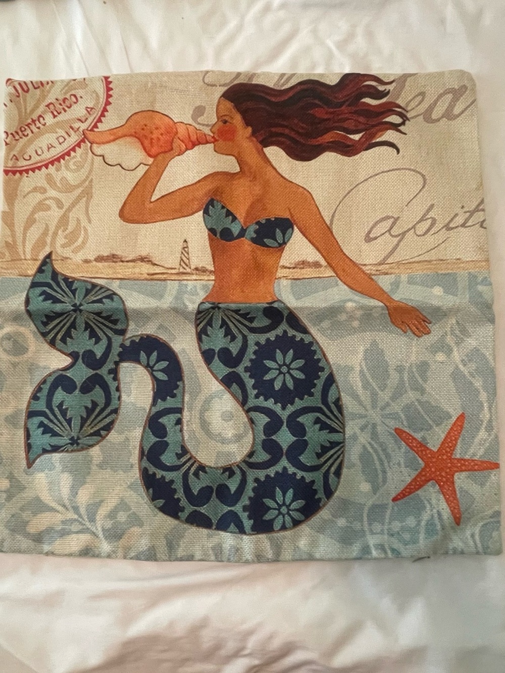 Vintage Beach Burlap Tropical 4 Mermaid Square 17 x 17.5 in Pillow cover - Picture 4 of 9